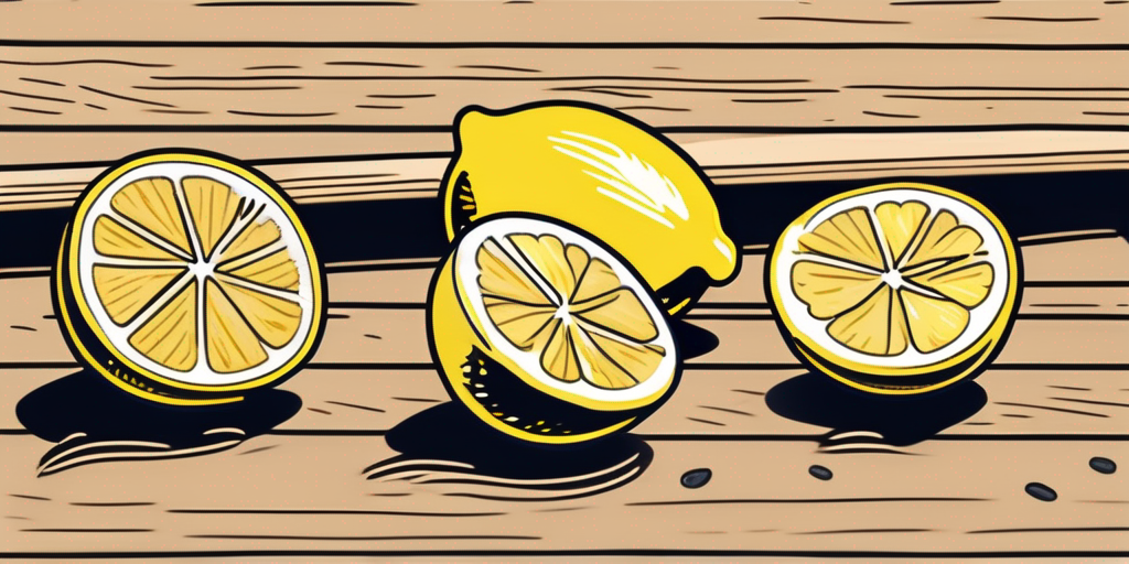 A few bright yellow lemons scattered on a wooden countertop