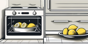 An open oven with a bowl of fresh lemons nearby and a lemon cut in half