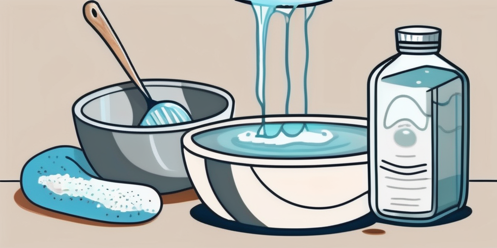 A pair of white socks soaking in a bowl filled with water and baking soda