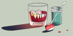 A pair of dentures soaking in a glass filled with vinegar