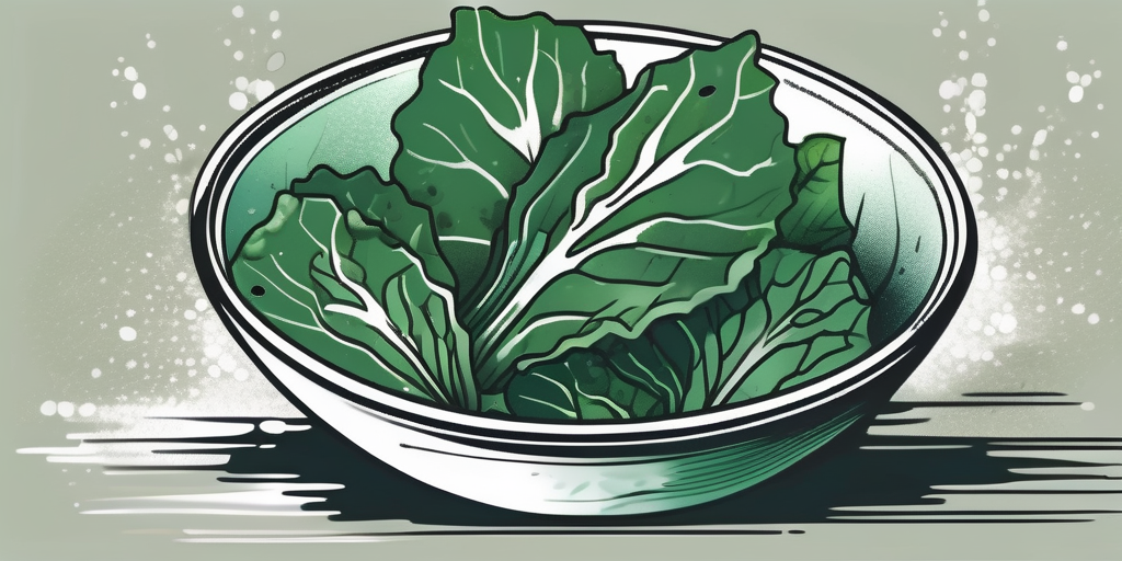 Fresh collard greens submerged in a bowl of salted water