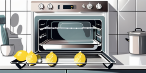 An open oven with a cut lemon and a scrub brush sitting on a tray inside