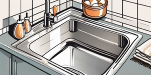 A stainless steel sink covered in baking soda with a scrub brush nearby
