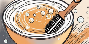 A hair brush submerged in a bowl filled with apple cider vinegar