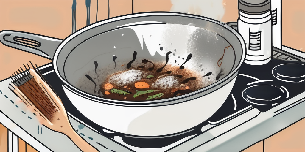 A dirty wok with burnt-on food on a kitchen countertop