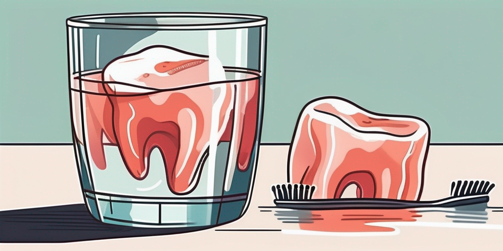 A pair of dentures submerged in a glass filled with water and baking soda