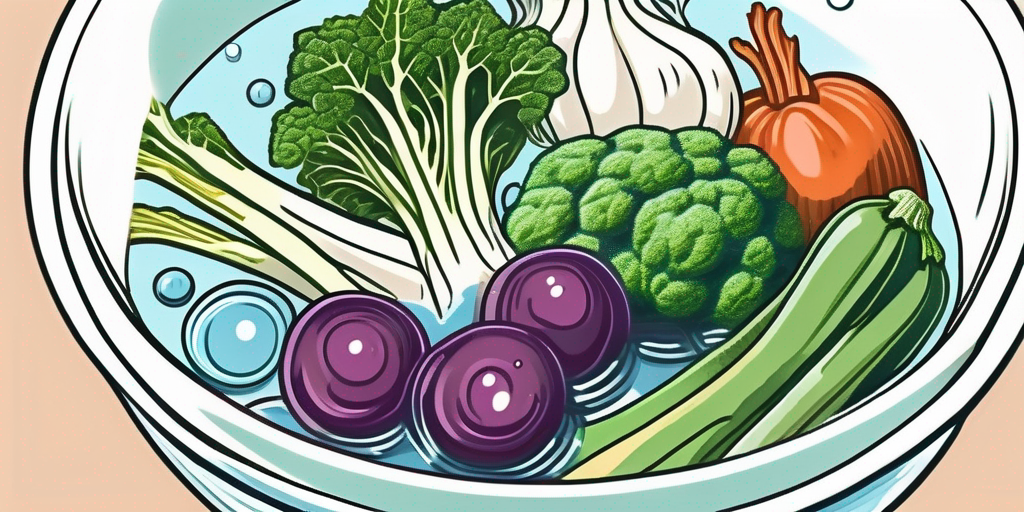 A variety of vegetables submerged in a bowl of water with baking soda