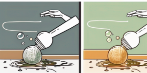 A plunger being cleaned with soap bubbles and a scrubbing brush