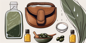 A leather purse on a table surrounded by natural cleaning items such as a soft cloth