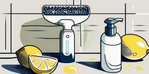 A shower head being cleaned using a lemon and a toothbrush
