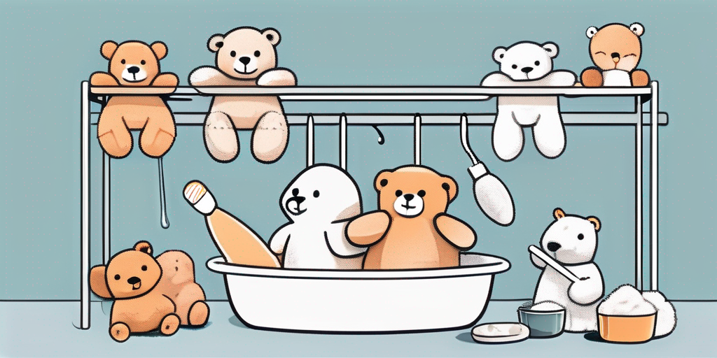 Various stuffed animals being gently cleaned with a brush and a bowl of soapy water