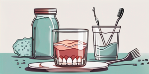 A pair of dentures soaking in a glass filled with a mixture of baking soda and vinegar
