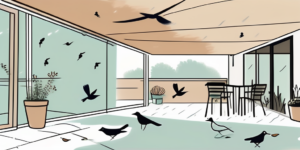 A patio scene with a variety of bird species flying overhead