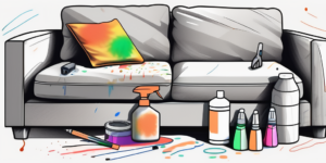 A couch with various types of markers scattered around and a few cleaning supplies like a spray bottle and a cloth