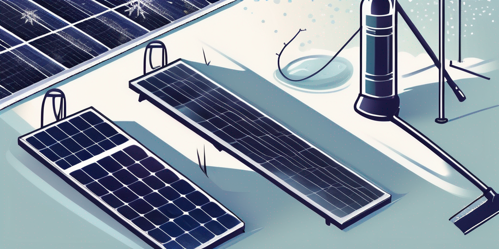 A set of solar panels covered in snow with a long-handled broom and a spray bottle of de-icer nearby