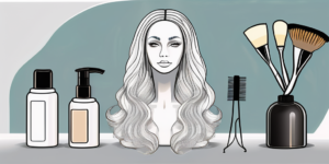 A wig on a stand with a brush and a bottle of lace glue remover nearby